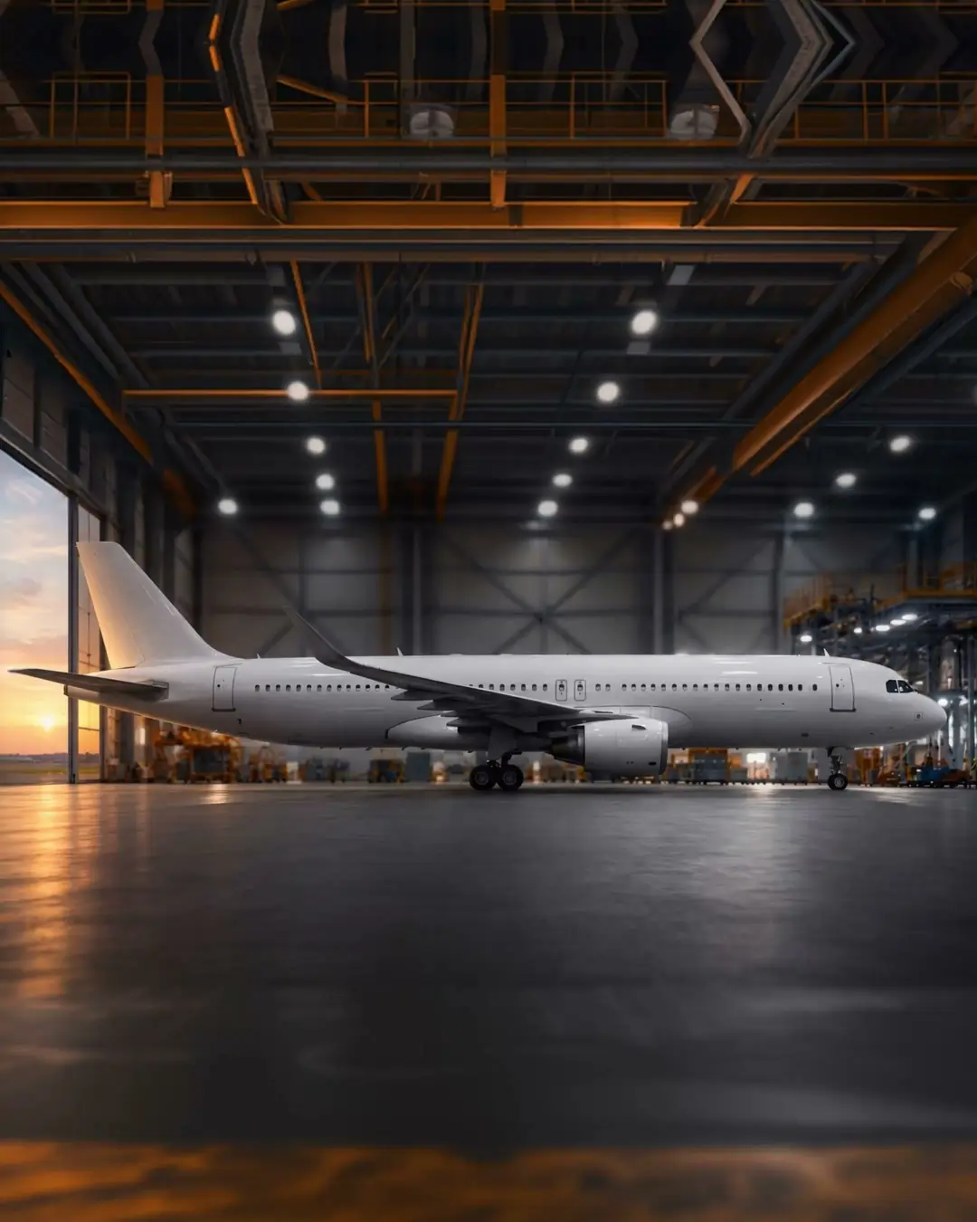 Aircraft parked in a maintenance hangar