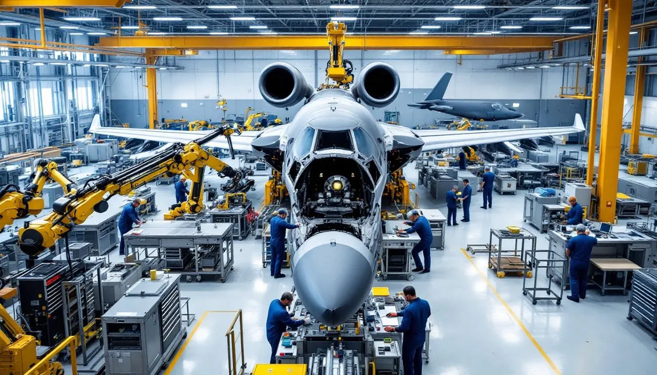 The image depicts a military aircraft assembly facility equipped with advanced precision manufacturing equipment, showcasing the critical role of aerospace defense manufacturing in the defense industry. Engineers and technicians are seen working diligently to ensure the quality and efficiency of the production process for new aircraft, highlighting the importance of innovation in the defense sector.