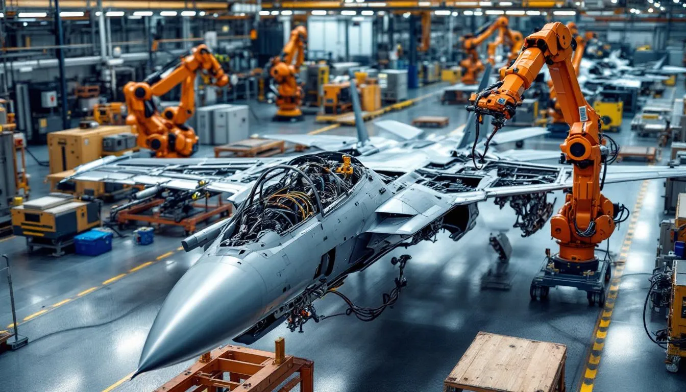 The image depicts advanced fighter aircraft on an assembly line, surrounded by precision manufacturing equipment, showcasing the innovation and efficiency of aerospace defense manufacturing in the defense industry. This setting highlights the critical role of defense companies in producing high-quality aircraft for national security.