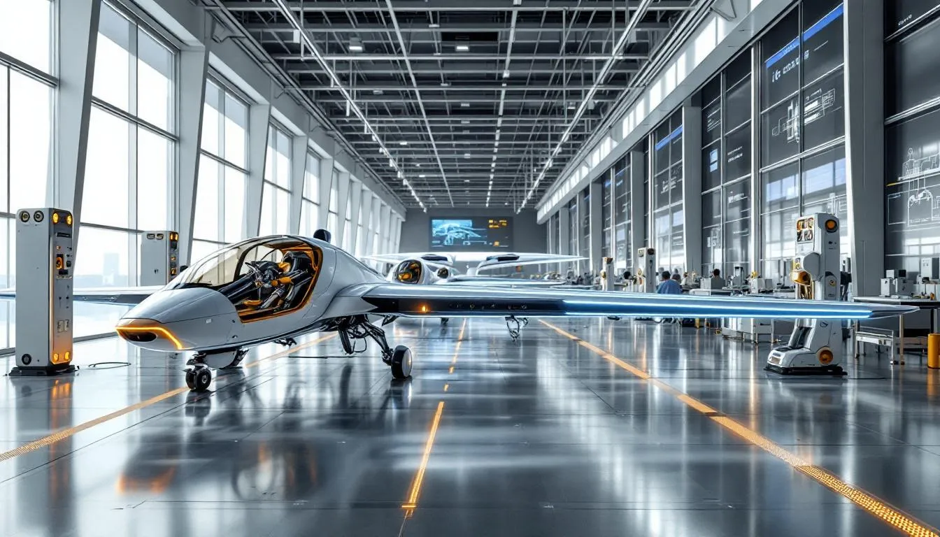 The image depicts a state-of-the-art eVTOL aircraft manufacturing facility, showcasing advanced electric propulsion systems and modern aerospace manufacturing techniques. This facility represents the forefront of the defense industry, highlighting innovation and efficiency in producing new aircraft for air travel and defense sectors.