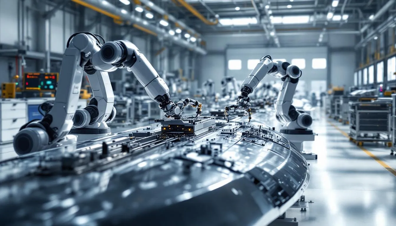 The image depicts advanced AI-powered manufacturing robots meticulously assembling aircraft components, equipped with precision sensors to enhance efficiency and quality. This innovative approach exemplifies the forefront of aerospace defense manufacturing within the defense industry, showcasing the integration of artificial intelligence in modern production processes.