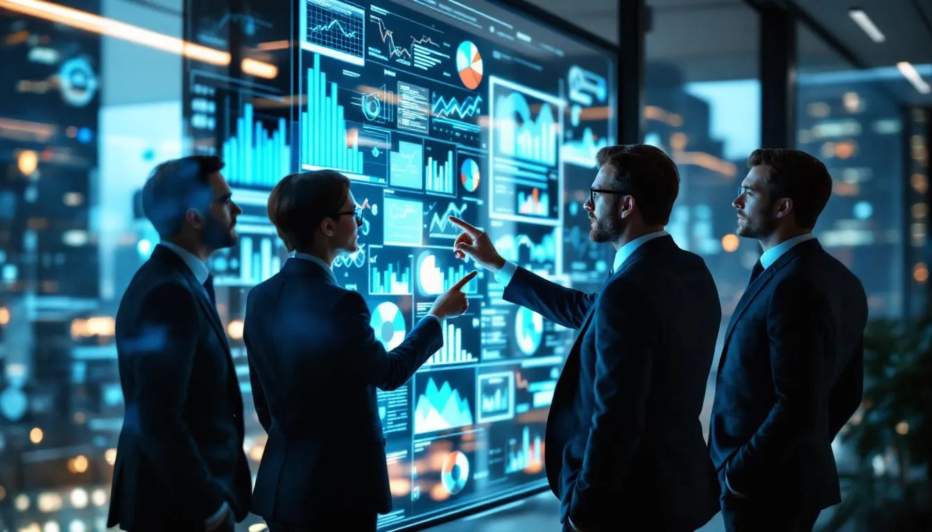 In the image, business executives are gathered around interactive displays, analyzing data related to digital transformation initiatives. They are discussing strategies to enhance operational efficiency and adapt to new digital technologies within their respective industries.