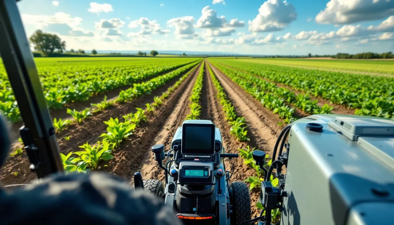 The image depicts an expansive agricultural field featuring precision farming equipment and GPS-guided tractors, illustrating the digital transformation in the agriculture industry. This scene highlights the adoption of digital technologies and innovative business models aimed at enhancing operational efficiency and optimizing farming processes.