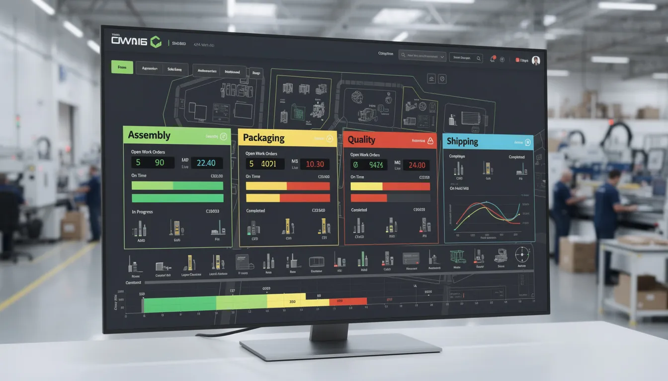 The image features a digital dashboard showcasing the real-time status of work orders across various production areas, highlighting the efficiency of the computerized maintenance management system. It displays metrics related to maintenance tasks, including preventive and reactive maintenance requests, ensuring maintenance operations run smoothly and enhancing operational efficiency.