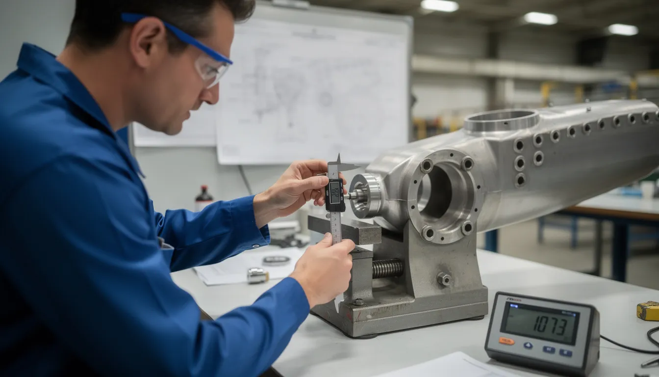 An inspector is carefully verifying the measurements of an aircraft component during the quality inspection process, ensuring compliance with safety standards and maintenance requirements. This critical task is part of the maintenance operations aimed at enhancing efficiency and reducing equipment downtime.