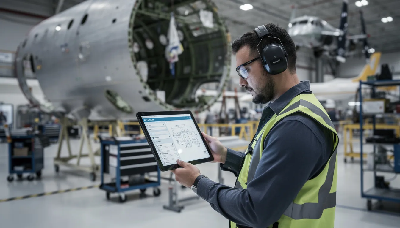 A qualified maintenance technician is reviewing digital work instructions on a tablet in an aircraft manufacturing environment, ensuring that all necessary details for maintenance tasks are easily accessible. This streamlined approach enhances efficiency in the work order management process, contributing to the smooth operation of maintenance activities and reducing equipment downtime.