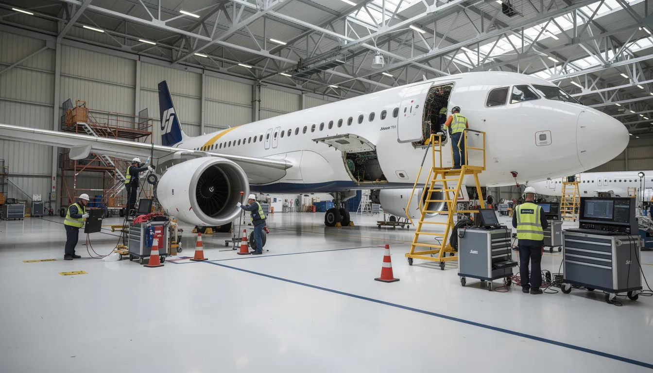 The image depicts an aircraft maintenance hangar where technicians are actively engaged in servicing a commercial aircraft, showcasing a manufacturing environment focused on quality management and operational efficiency. The scene highlights the collaboration and adherence to standard operating procedures essential for maintaining high-quality products in the aviation industry.