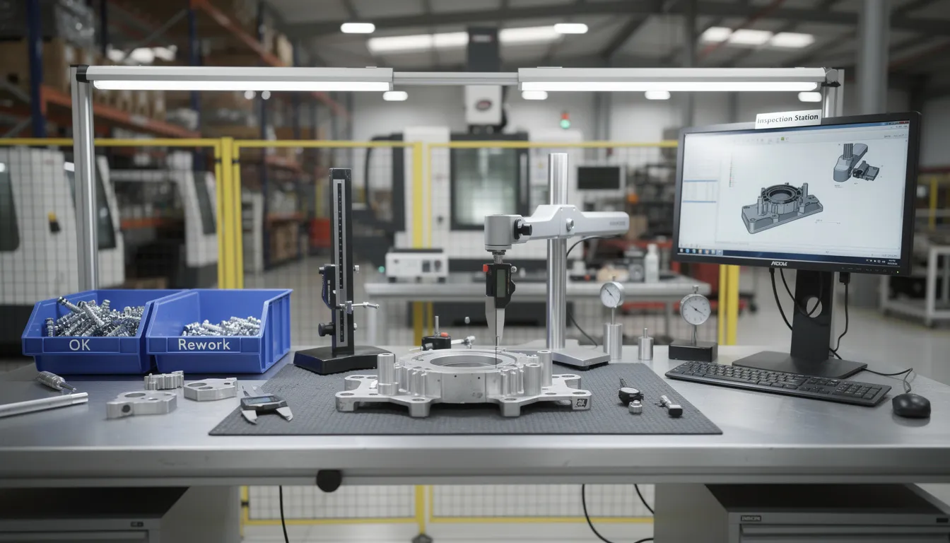 The image depicts a quality inspection station within a manufacturing facility, featuring various measurement equipment designed to ensure adherence to quality management systems and standards. This setup plays a crucial role in the production process, contributing to operational efficiency and the continuous improvement of product quality.