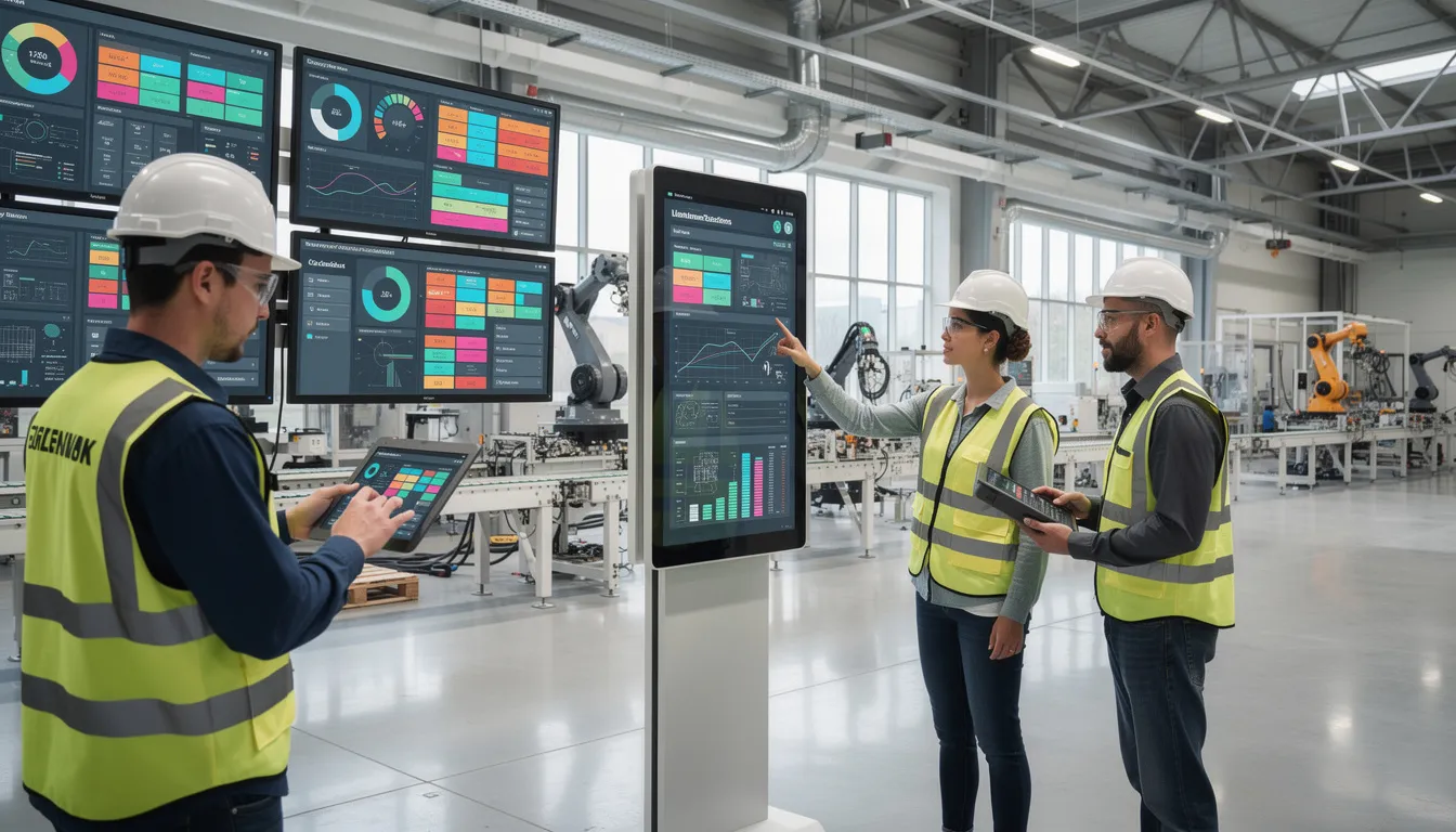 The image depicts a modern factory floor bustling with workers who are actively engaging with digital displays and tablets, showcasing the integration of technology in the aerospace and defense industry. This environment reflects effective quality management systems and emphasizes continual improvement in customer satisfaction and regulatory compliance.