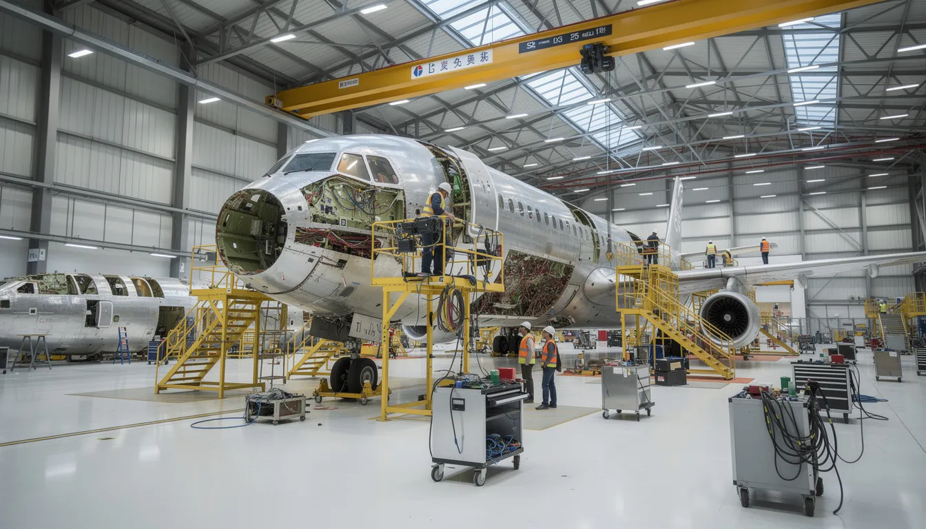 The image depicts a commercial aircraft on an assembly line within a large manufacturing facility, showcasing the meticulous processes involved in the aerospace industry. This setting emphasizes the importance of quality management systems and regulatory compliance, ensuring that the aircraft meets the rigorous standards of the aviation space and defense sectors.