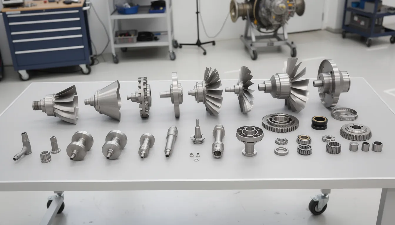 The image depicts various aerospace engine components meticulously arranged for inspection, highlighting the importance of quality management systems in the aerospace industry. This setup emphasizes adherence to quality standards and regulatory requirements, ensuring product safety and customer satisfaction in the aviation space and defense sectors.