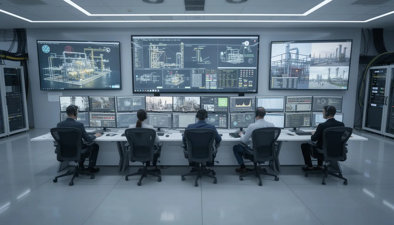 The image depicts an industrial control room filled with multiple monitoring displays, where operators are actively managing manufacturing operations. This environment focuses on key performance indicators (KPIs) related to production performance and overall equipment effectiveness, emphasizing the importance of real-time insights in optimizing manufacturing processes.