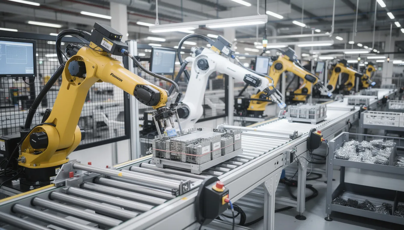 The image depicts an automated production line featuring advanced robotic assembly equipment, illustrating modern manufacturing operations management. This setup highlights key performance indicators related to production efficiency and overall equipment effectiveness within the manufacturing industry.