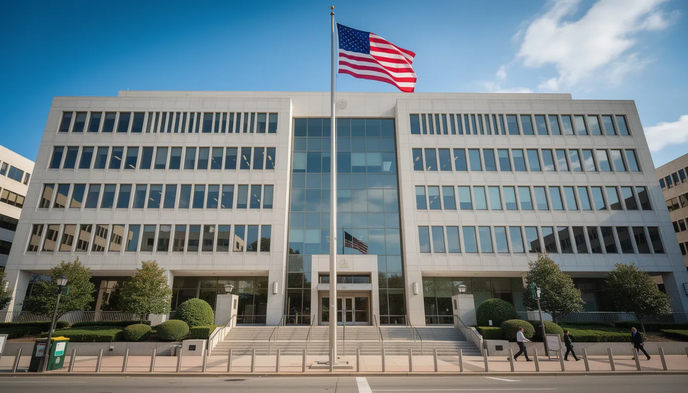 The image depicts a federal government office building prominently displaying the American flag, symbolizing national security and the operational integrity of federal agencies. This structure represents the importance of implementing appropriate security controls and maintaining a robust security posture to protect sensitive data within federal information systems.