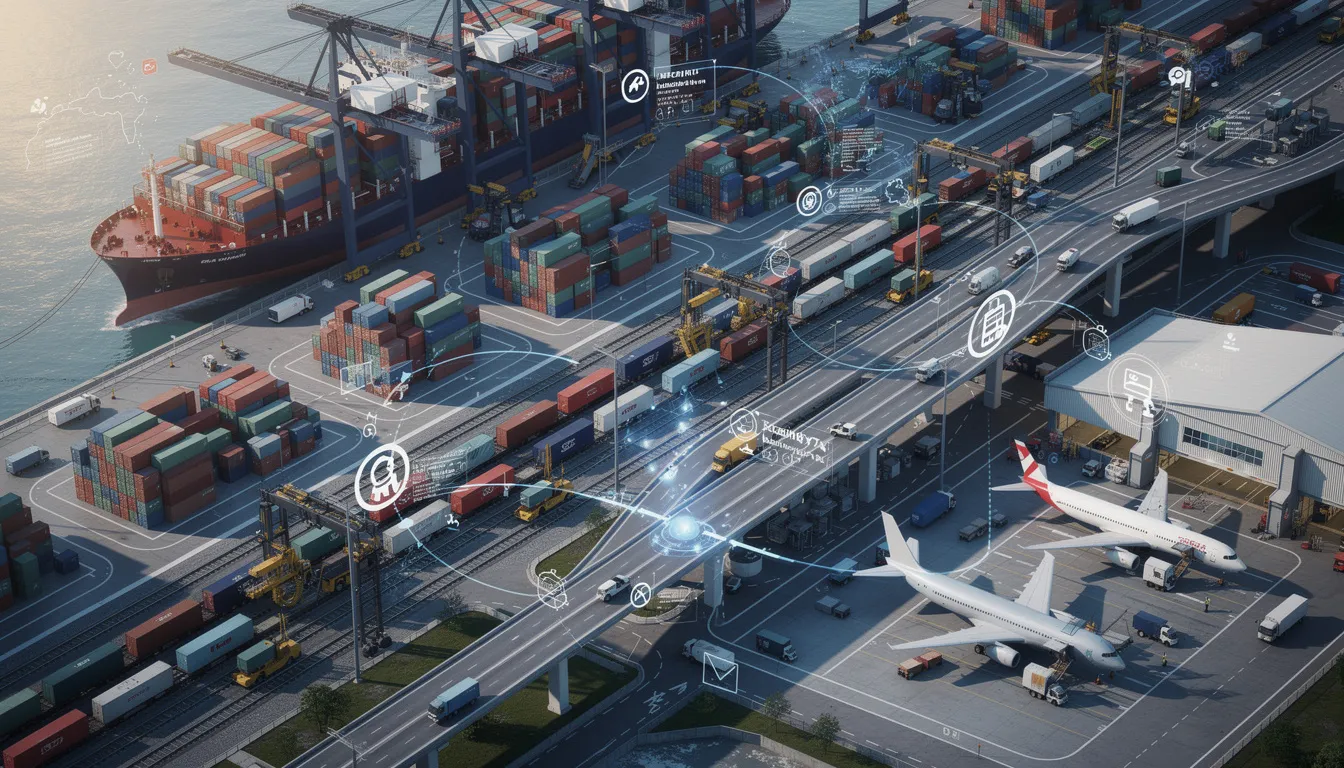 The image depicts a complex scene of global shipping containers stacked at a logistics hub, showcasing the intricacies of the automotive supply chain. This visual representation highlights the importance of quality management systems, such as IATF 16949, in ensuring customer satisfaction and continual improvement in the automotive industry.