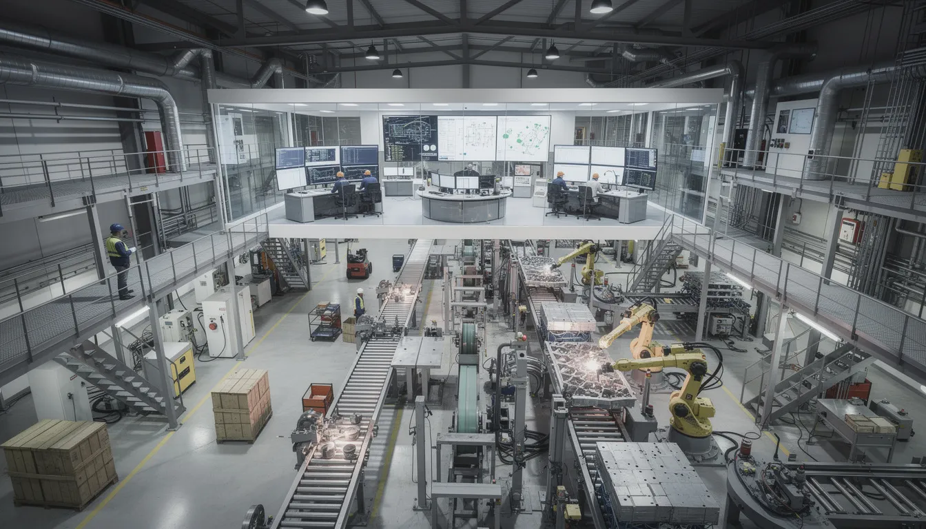 The image depicts a large industrial manufacturing facility showcasing multiple operational levels, from floor equipment to control rooms, illustrating the integration of advanced technologies and automation solutions in a smart manufacturing environment. This scene represents the principles of the RAMI 4.0 reference architecture, highlighting the importance of communication technology and data management in optimizing industrial processes.