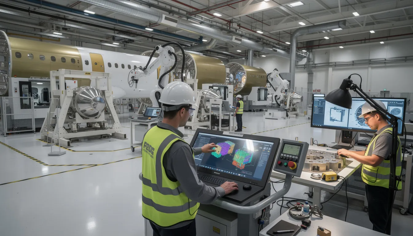 The image depicts an aerospace manufacturing environment where workers are actively operating advanced equipment amidst digital displays on the factory floor, highlighting the integration of emerging technologies and industrial automation in smart manufacturing processes. This setting reflects the principles of the RAMI 4.0 reference architecture, emphasizing life cycle management and data management in a connected world.