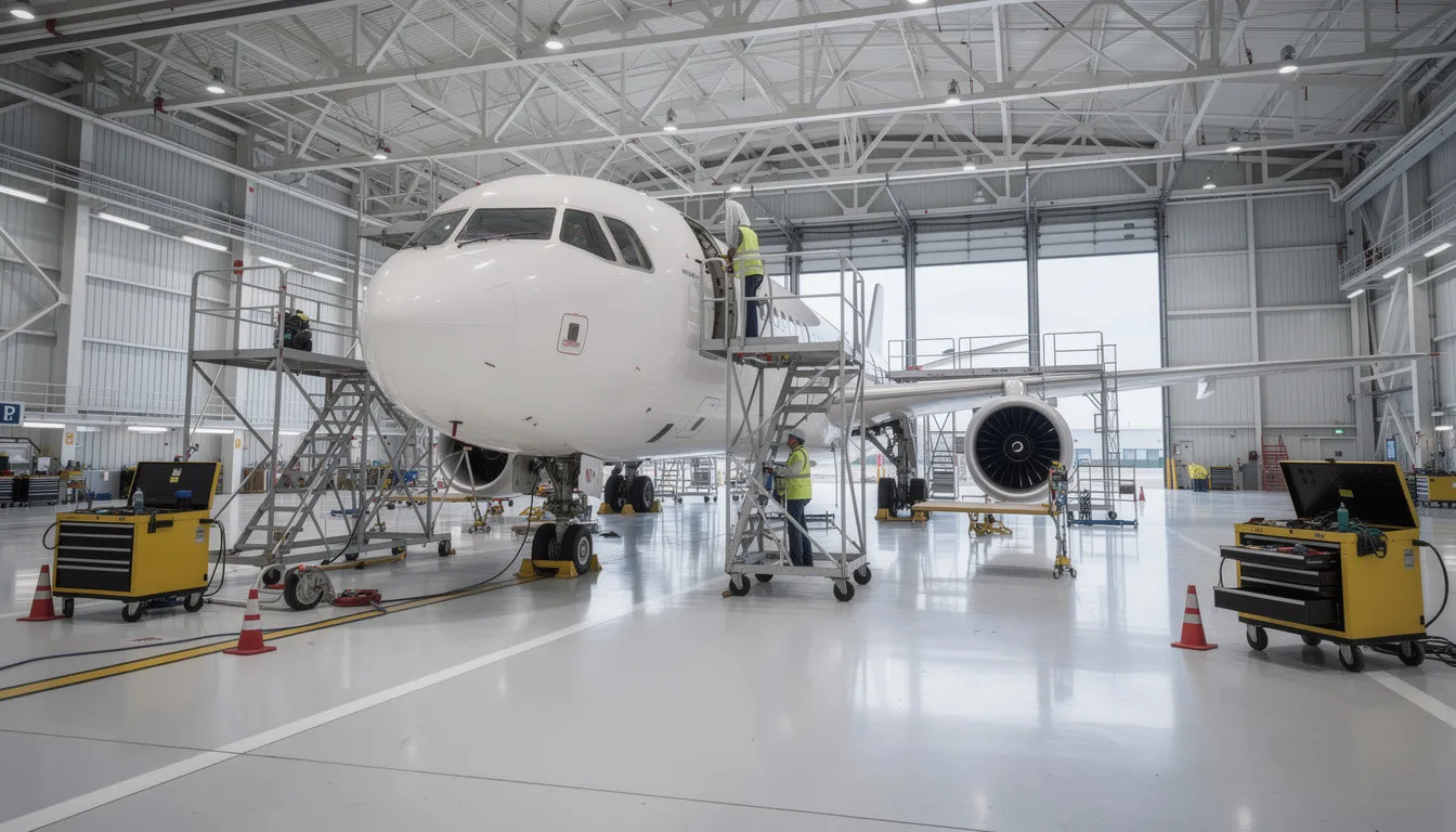 The image shows a large commercial aircraft inside a maintenance, repair, and overhaul (MRO) hangar, surrounded by maintenance equipment and scaffolding, highlighting the importance of thorough risk assessment and security measures in the aviation industry's information security management systems. The scene emphasizes the need for effective management practices to protect sensitive data and mitigate identified risks during maintenance operations.