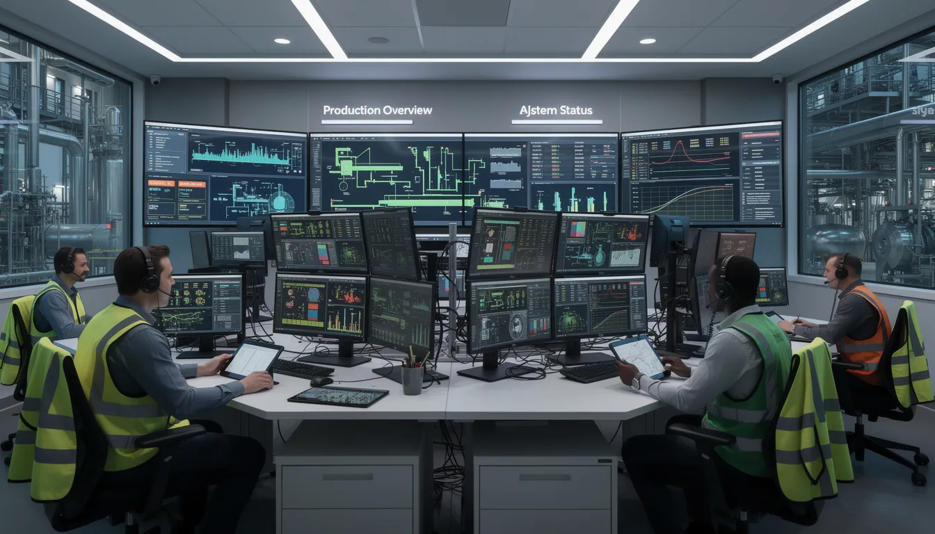 The image depicts an industrial control room where operators are actively monitoring digital systems and analyzing production data. This environment emphasizes information security management practices, reflecting the importance of ISO 27001 standards in managing security risks and ensuring the protection of sensitive data.