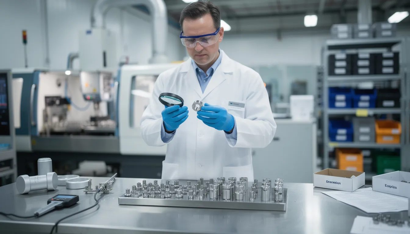 A technician is performing a quality control inspection on various components in a manufacturing setting, ensuring they meet the quality management standards outlined by ISO 9000. This process is essential for achieving customer satisfaction and maintaining consistent product quality through effective quality management systems.