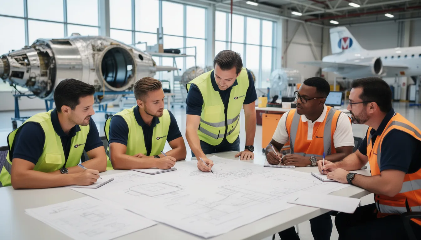 A diverse aerospace manufacturing team is gathered around a table, collaboratively reviewing engineering documentation to ensure compliance with quality management standards and enhance customer satisfaction. Their focus on effective quality management principles reflects a commitment to continuous improvement and meeting customer expectations in their production processes.