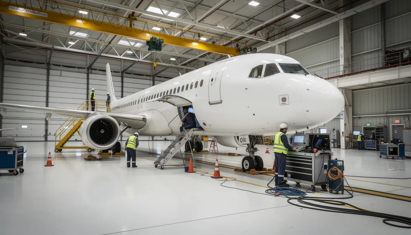 The image depicts an aircraft maintenance hangar where technicians are diligently working on a commercial airplane, ensuring adherence to quality management principles and standards. This environment emphasizes customer satisfaction and operational efficiency, reflecting the organization's commitment to continuous improvement and regulatory requirements within the aviation industry.