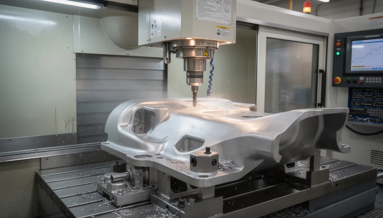 The image depicts a precision aerospace machining operation focused on a large titanium component, showcasing advanced manufacturing processes in the aerospace industry. This scene emphasizes quality management and operational efficiency, highlighting the importance of consistent quality control and scrap reduction in production.