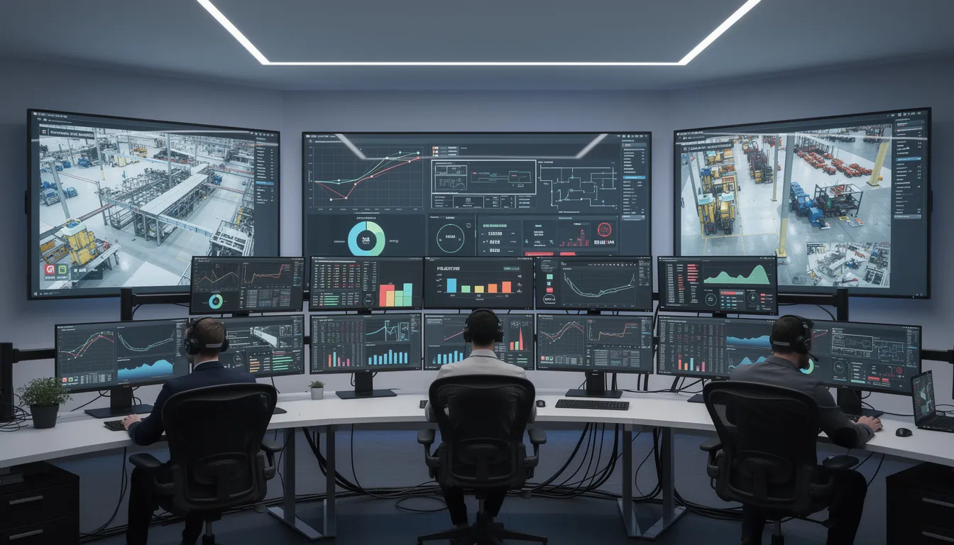 The image depicts a modern control room featuring multiple screens that display various manufacturing dashboards and analytics, focusing on key performance indicators such as production efficiency, overall equipment effectiveness, and production costs. This high-tech environment is essential for monitoring manufacturing operations and enhancing production performance within the manufacturing industry.