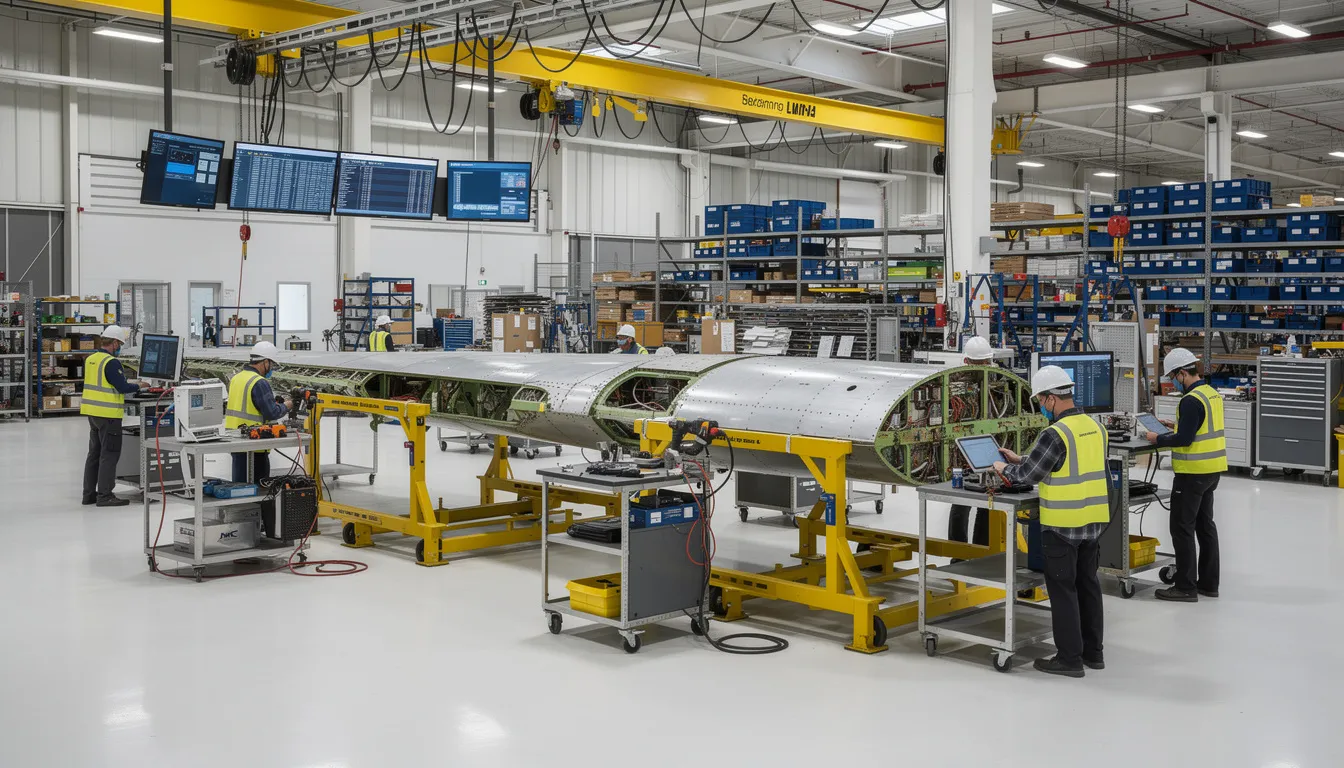 The image depicts an aerospace manufacturing floor bustling with workers engaged in various assembly stations, surrounded by large aircraft components. This environment highlights key performance indicators related to production efficiency and overall equipment effectiveness, showcasing the intricate manufacturing process within the aerospace industry.