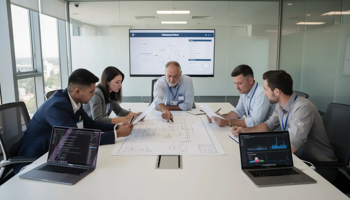 A team of engineers is gathered in a meeting room, intensely reviewing technical documents and screens that display key performance indicators related to the manufacturing process. They are discussing aspects such as production efficiency, overall equipment effectiveness, and strategies to improve production performance and reduce costs.