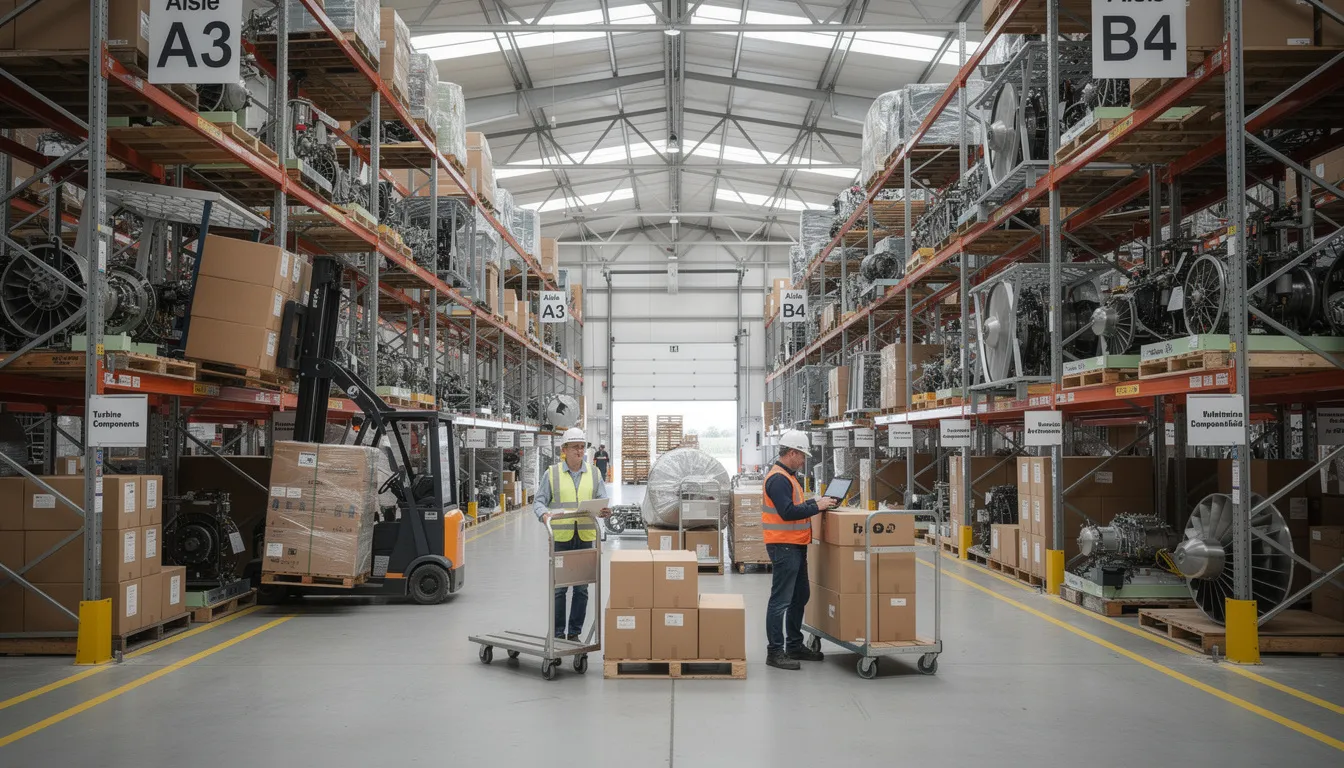 The image depicts a large warehouse or logistics facility filled with aircraft parts and organized shelving, where workers are actively managing inventory. This scene highlights the importance of production efficiency and key performance indicators in the manufacturing industry.