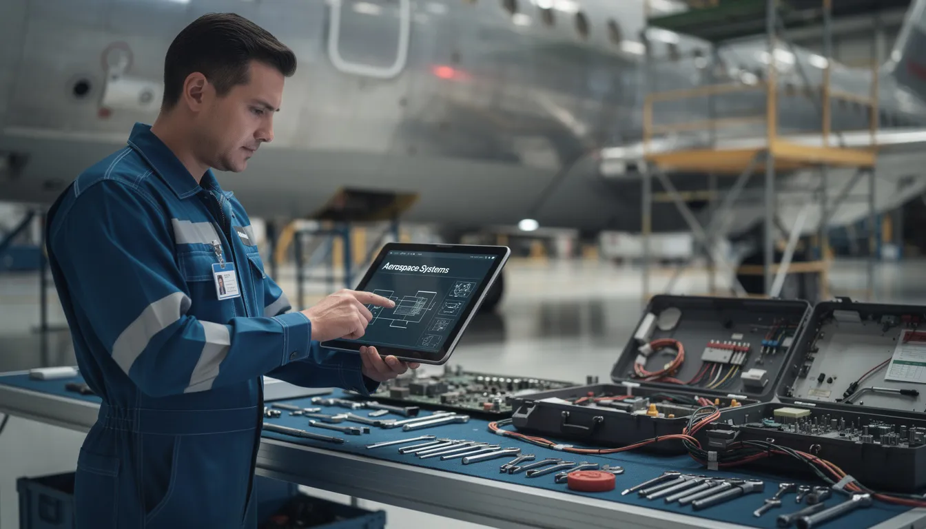 An aerospace technician is focused on a tablet device at their workstation, which is equipped with various tools and components essential for aerospace manufacturing. This scene highlights the importance of quality management systems and operational efficiency in the aerospace industry.
