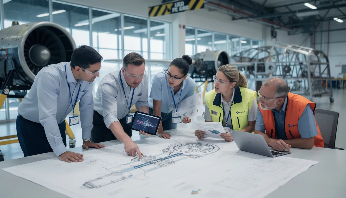 An engineering team is gathered around a table in an aerospace manufacturing facility, reviewing technical documents to ensure compliance with stringent quality standards and regulatory requirements. The atmosphere reflects a focus on operational efficiency and continuous improvement within the aerospace industry.