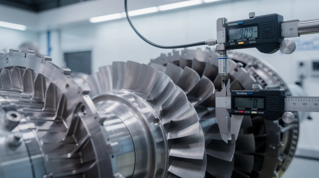 The image shows a close-up of aerospace turbine engine components being meticulously measured with precision inspection tools, highlighting the importance of article inspection in ensuring compliance with quality standards. This process is crucial for manufacturers in the aerospace industry to maintain exact specifications and prevent errors during production.