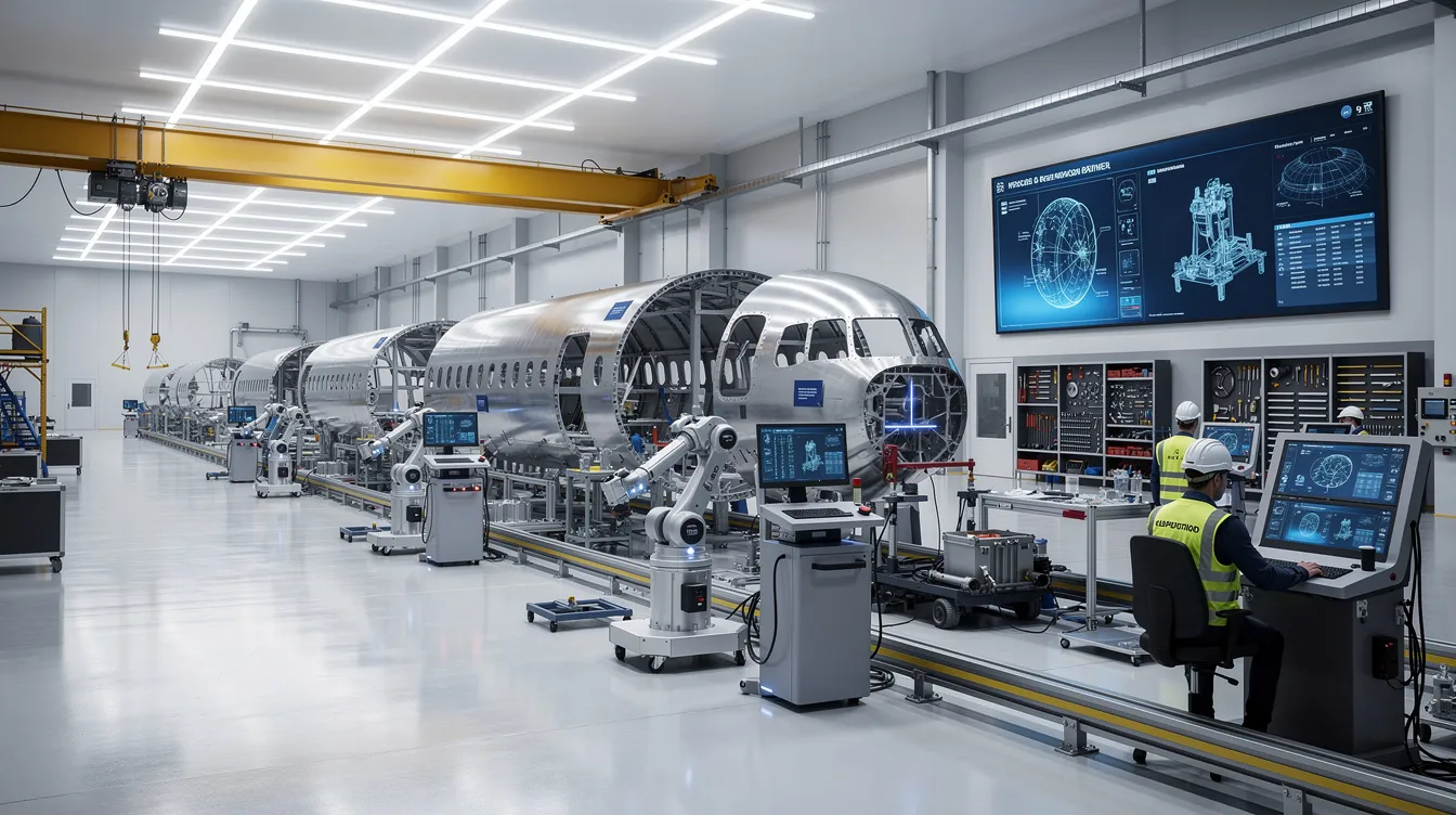 The image depicts a modern aerospace manufacturing facility featuring digital displays and automated inspection stations designed for the first article inspection (FAI) process. This high-tech environment emphasizes quality assurance and efficiency in the production process, showcasing tools and systems that streamline article inspection and data management for technical professionals in the aerospace industry.
