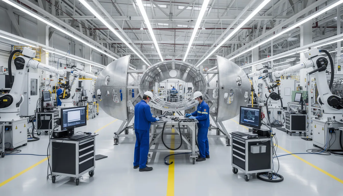 The image depicts an aerospace production line where workers are actively assembling aircraft components under bright industrial lighting. This scene highlights the manufacturing operations and processes involved in the aerospace industry, emphasizing the importance of production efficiency and quality control in the overall manufacturing process.