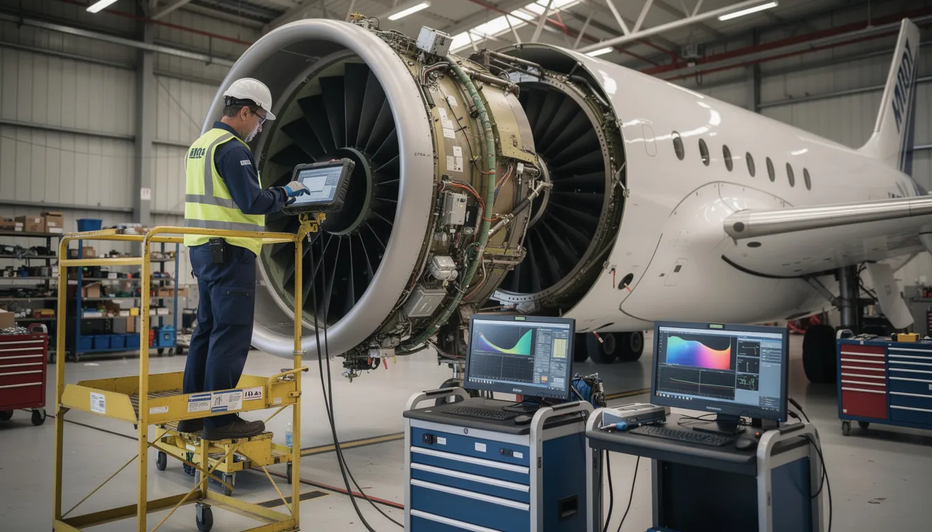 An MRO technician is working on an aircraft engine inside a maintenance hangar, utilizing diagnostic equipment to ensure operational efficiency. The scene highlights the importance of quality control and data management in the manufacturing industry, particularly in the context of manufacturing execution systems (MES) for optimizing production processes.