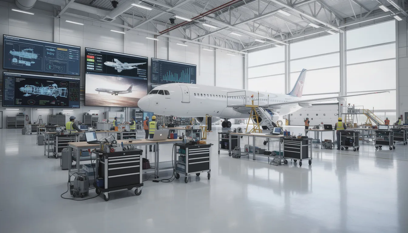 The image depicts an aircraft maintenance bay featuring multiple work stations equipped with digital monitoring displays, emphasizing the integration of advanced technologies and real-time data collection to enhance operational efficiency and control manufacturing operations in the aviation industry. The environment reflects a focus on quality control and production performance within the manufacturing execution system (MES) framework.