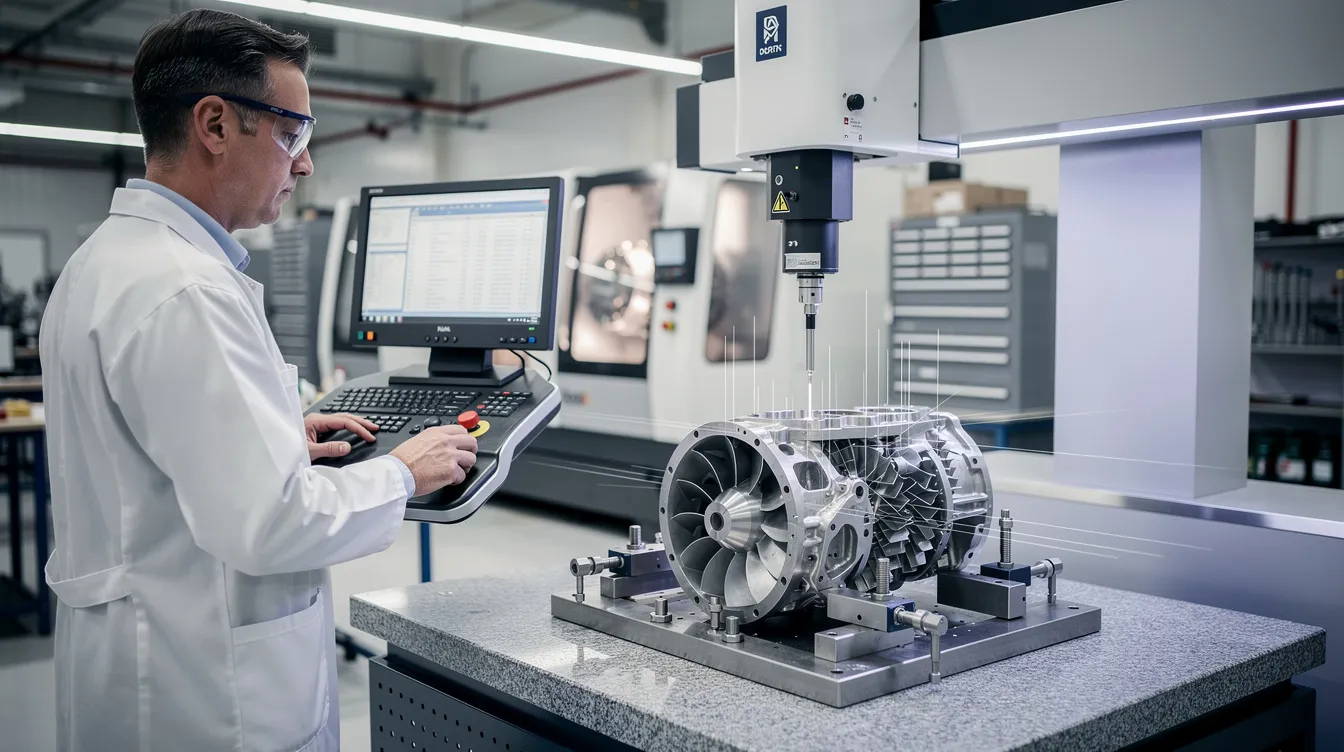 A quality inspector is using a coordinate measuring machine to perform a first article inspection on an aerospace component, ensuring that it meets the specified design requirements and quality standards. This inspection process is crucial for maintaining product reliability and customer confidence in the aerospace industry.