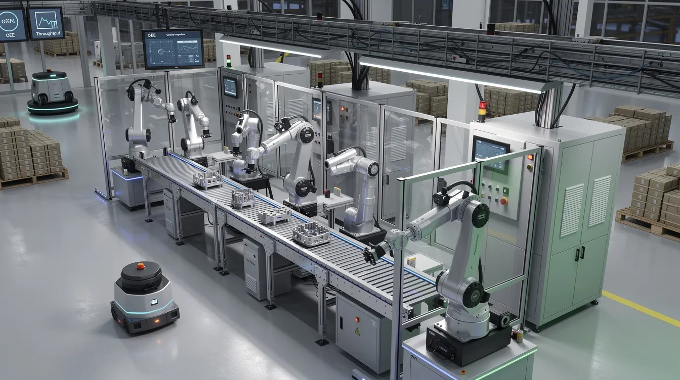 The image depicts a modern automated manufacturing cell featuring advanced robotic inspection equipment, designed for the inspection process in the aerospace industry. This setup is crucial for ensuring product reliability and adherence to stringent quality control requirements during the first article inspection process.
