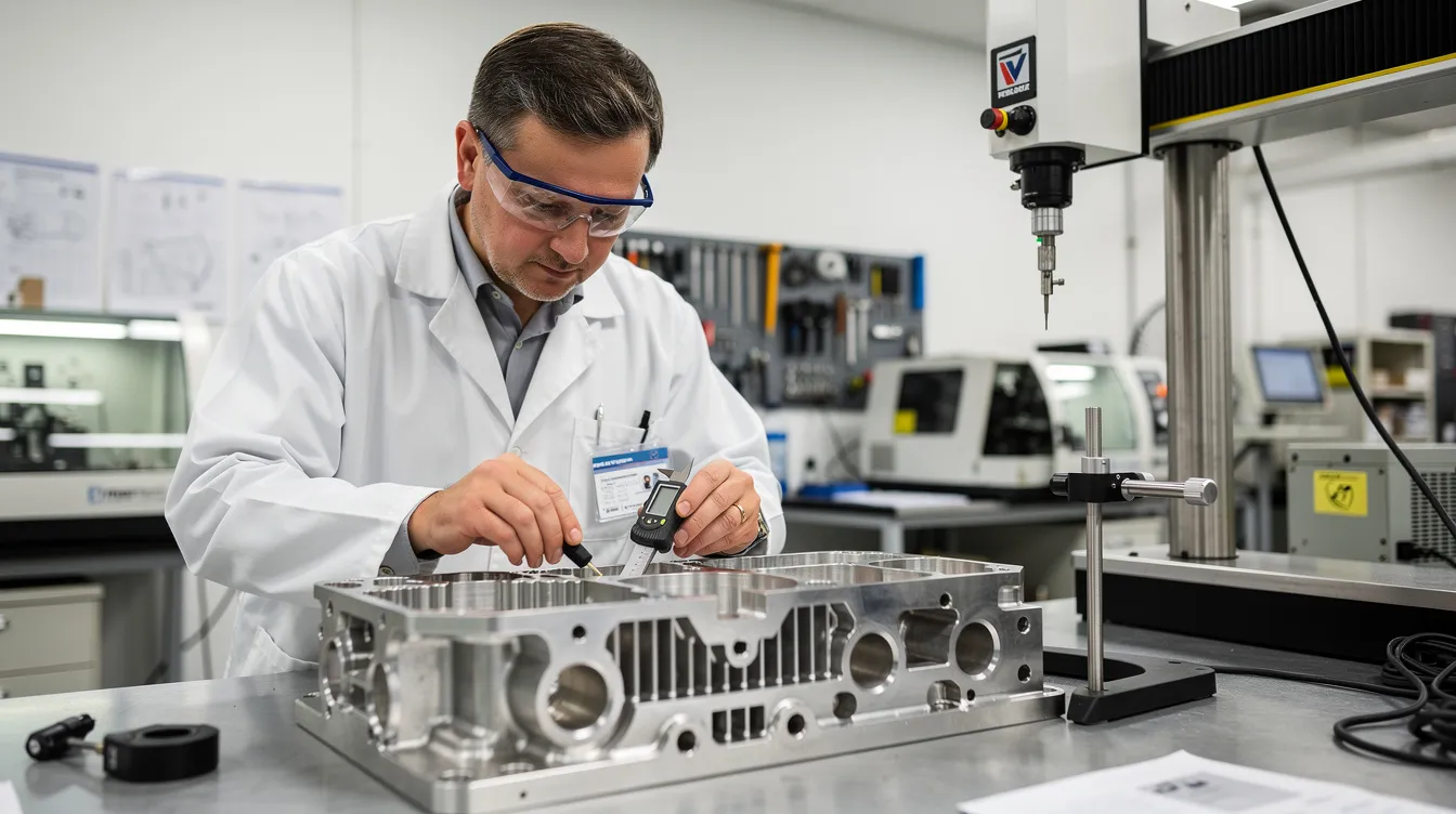 A quality inspector is examining an aerospace component using precise measurement equipment, ensuring compliance with rigorous industry standards. This meticulous inspection process is crucial for maintaining regulatory compliance and quality assurance within the aerospace and defense industries.