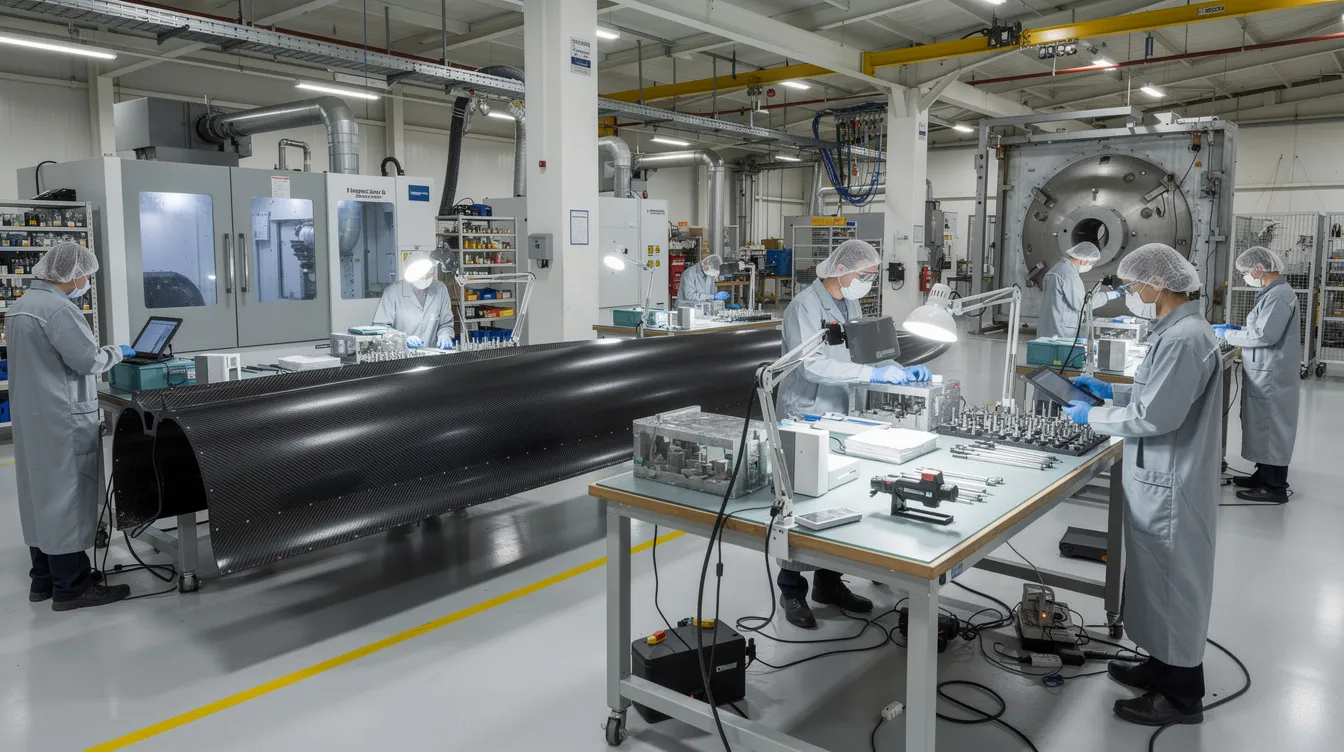 The image depicts a busy manufacturing floor in the aerospace industry, where workers are engaged in quality inspection of composite parts, ensuring adherence to quality management systems and regulatory compliance. The scene highlights the importance of operational excellence and continuous improvement initiatives in maintaining high-quality outcomes and addressing any non-conformance issues.