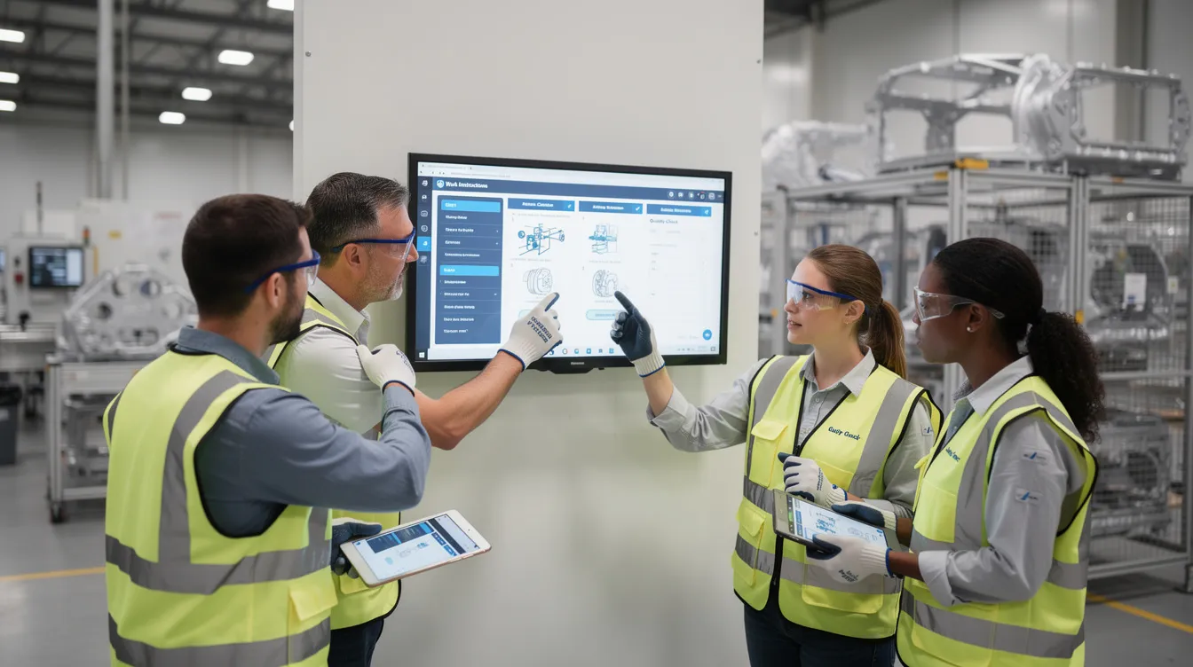A manufacturing team is collaborating around a digital display that showcases digital work instructions, enhancing their manufacturing operations. This setup emphasizes the importance of visual aids and real-time data in aerospace and defense manufacturing, promoting continuous improvement and reducing errors on the factory floor.