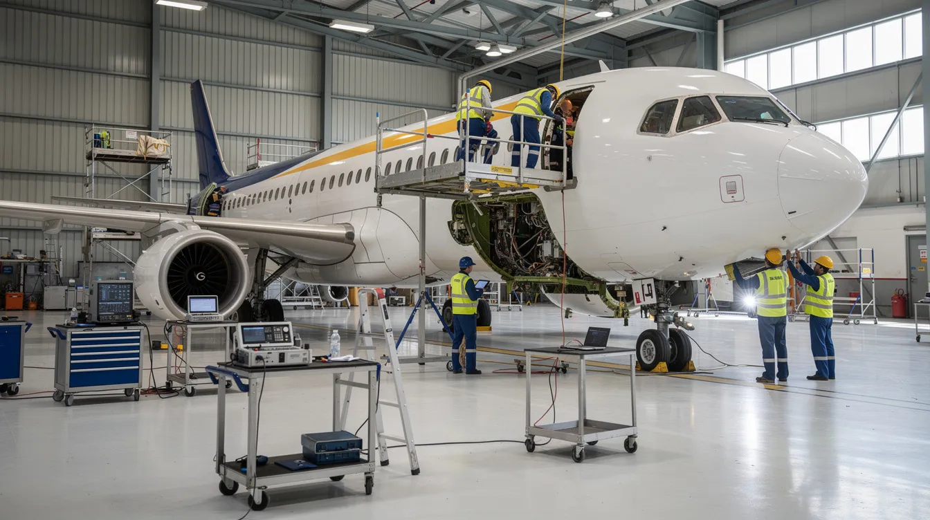 An aircraft is being inspected for maintenance inside a spacious hangar, with technicians carefully examining various components. This scene reflects the importance of compliance management and supplier performance in the aerospace supply chain, ensuring that the aircraft meets regulatory requirements and safety standards.