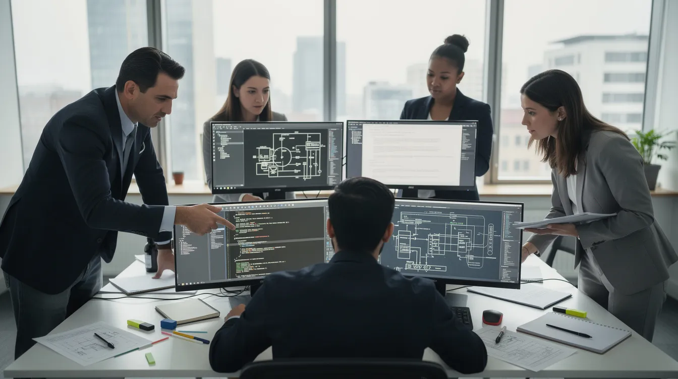 An engineering team is intently reviewing technical documents displayed on their computer screens, focusing on supplier management processes and compliance monitoring within the aerospace supply chain. The collaborative atmosphere highlights their commitment to maintaining accurate supplier records and enhancing supplier relationships through effective vendor management software.