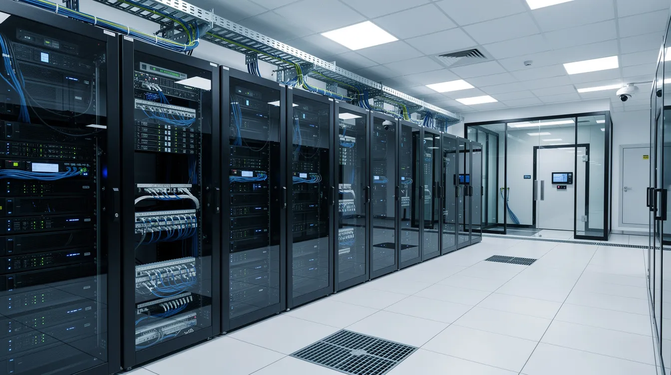 The image depicts a secure data center filled with rows of servers and advanced network infrastructure, designed to safeguard sensitive data and ensure compliance with ITAR regulations. This facility plays a crucial role in protecting covered defense information and maintaining national security against cyber threats and malicious software.