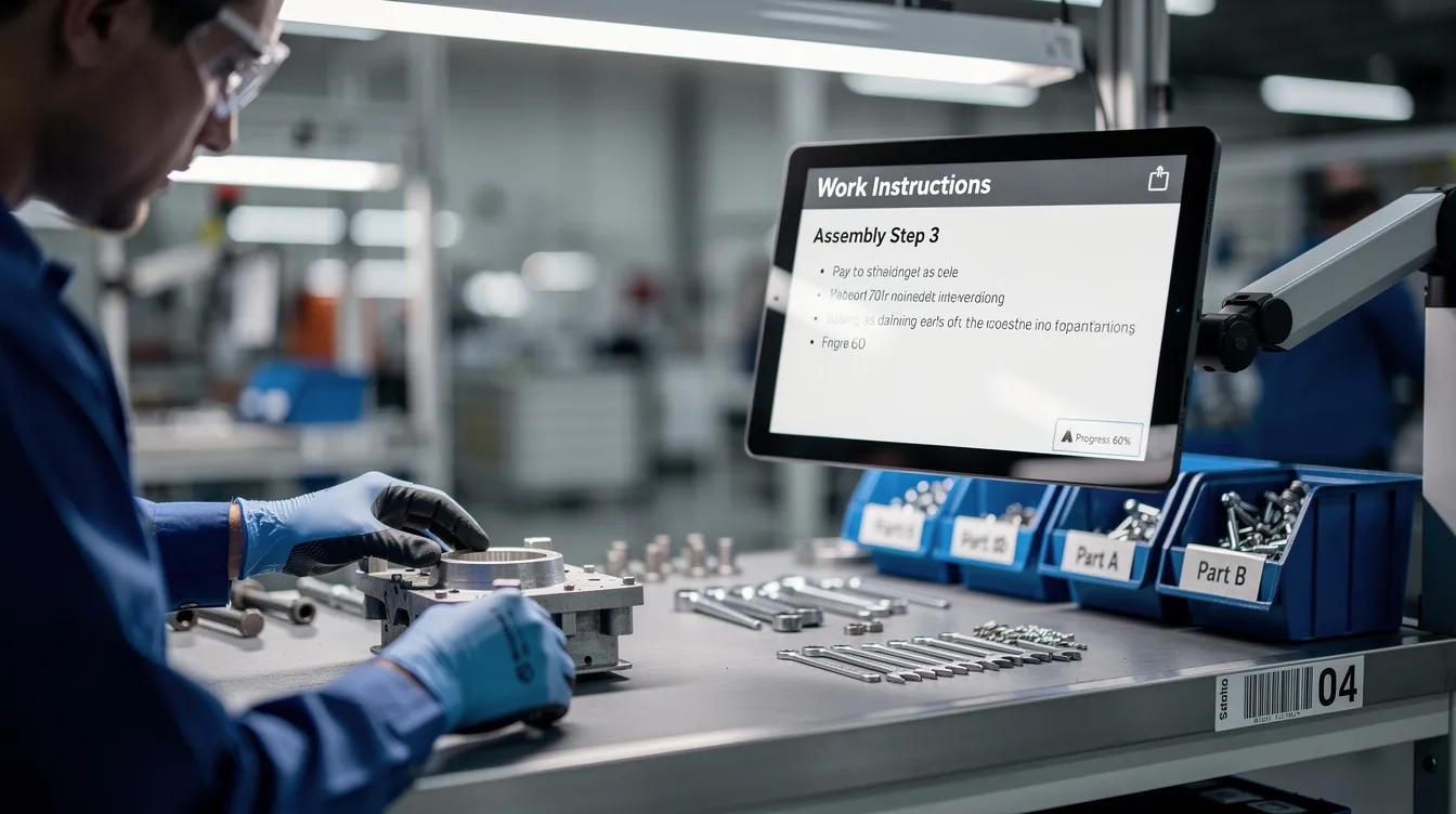 A tablet computer is positioned at a manufacturing workstation, displaying digital work instructions essential for operations in the defense industry. This setup aids in ensuring compliance with ITAR regulations and safeguarding sensitive data while enhancing efficiency in manufacturing processes.