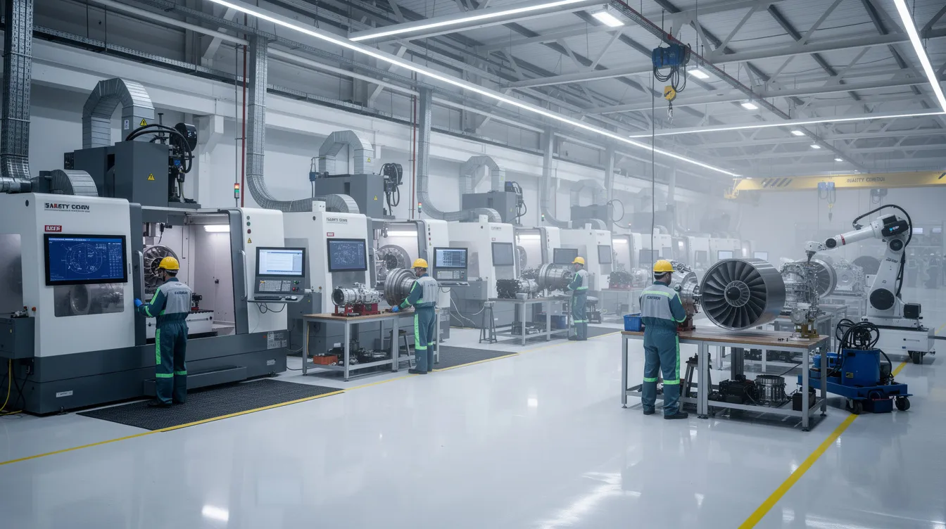 The image depicts a busy aerospace factory floor, showcasing precision machinery and workers engaged in the aerospace manufacturing process within a controlled environment. This setting highlights advanced manufacturing technologies and emphasizes the importance of safety and performance standards in the aerospace industry.