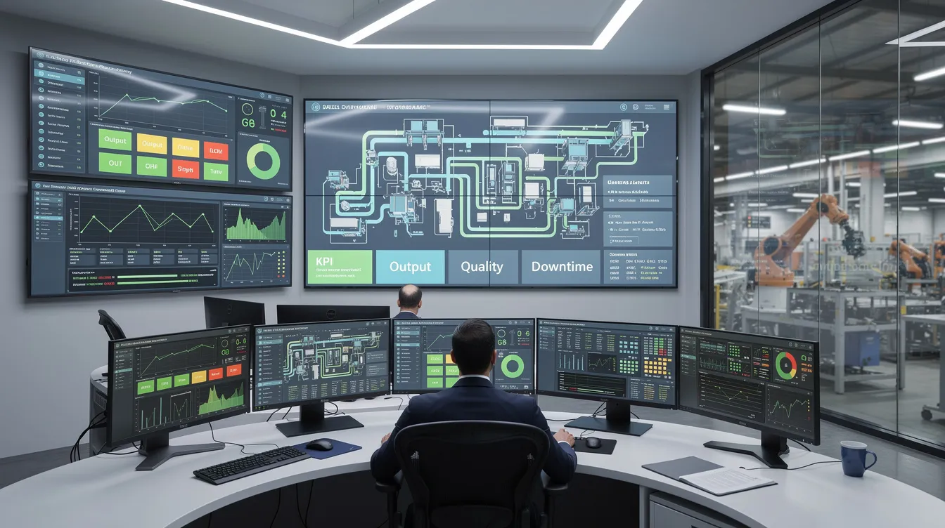 The image depicts a modern manufacturing control room featuring multiple digital dashboards that showcase real-time production data essential for optimizing aerospace manufacturing processes. This high-tech environment highlights the integration of advanced manufacturing technologies to enhance operational efficiency and ensure compliance with safety and performance standards.