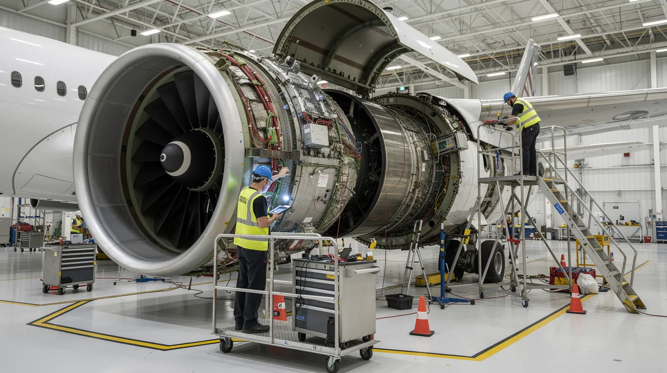 The image depicts an aircraft engine being meticulously inspected during maintenance at a modern MRO facility, highlighting the critical aerospace manufacturing processes that ensure safety and performance standards in the aerospace industry. Skilled technicians are seen utilizing advanced manufacturing technologies and quality control measures to optimize production processes and maintain the reliability of aerospace components.